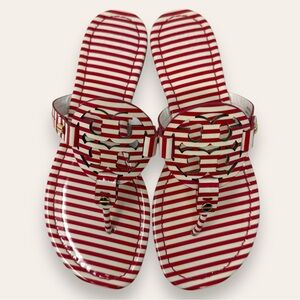 Tory Burch Patent Leather Miller Sandal Striped Nautical Red White 6 Women’s